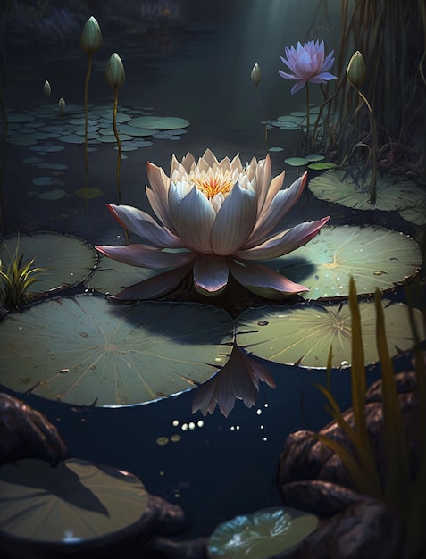 Garden of Water Lily Flower Scene Generative Ai