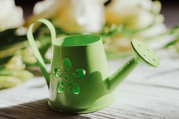 Garden watering can on the background of flowers and wooden figured boards