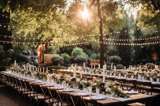 garden wedding reception with tables chairs and large booths boho