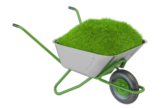 Photo garden wheelbarrow with soil and green grass 3d rendering