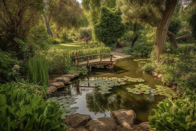 Garden winding paths peaceful pond surrounded by lush greenery