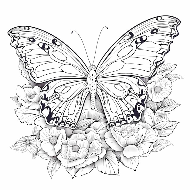 Garden Wings Coloring Page in SVG Format with Bold Lines of Butterflies and Roses