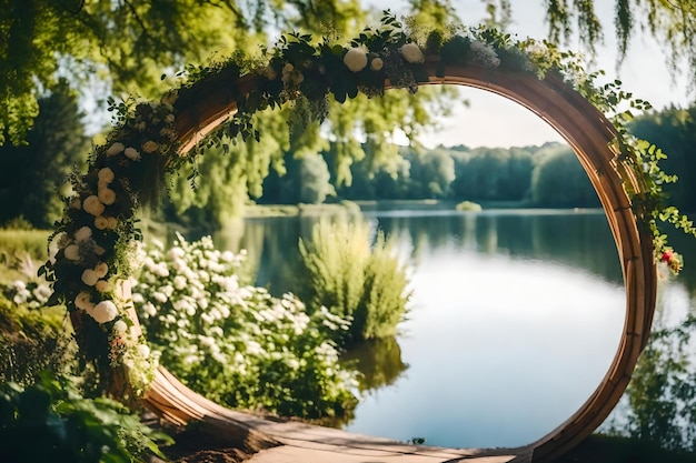 Foto un giardino con un ponte sull'acqua