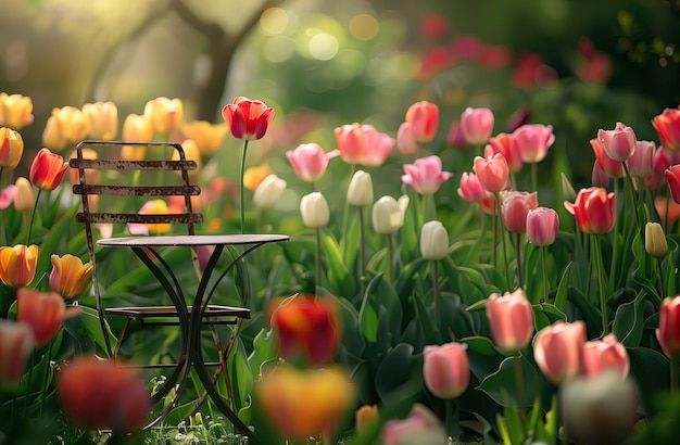 a garden with a chair and a table with a chair in the middle