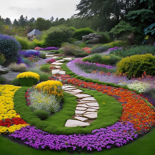 A garden with colorful flowers and a pathway leading to it.