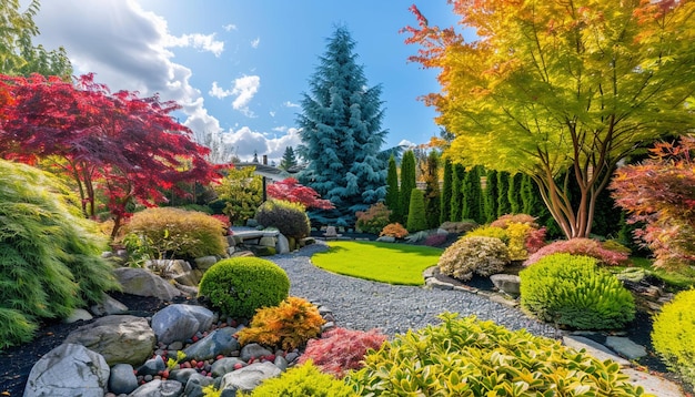 сад с красочными деревьями и камнями