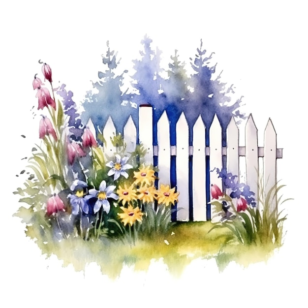 garden with fence watercolor illustration