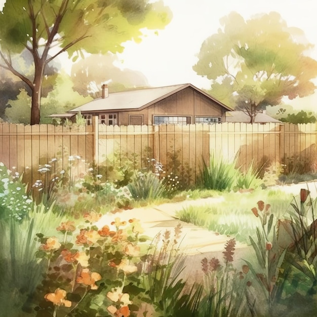 garden with fence watercolor illustration