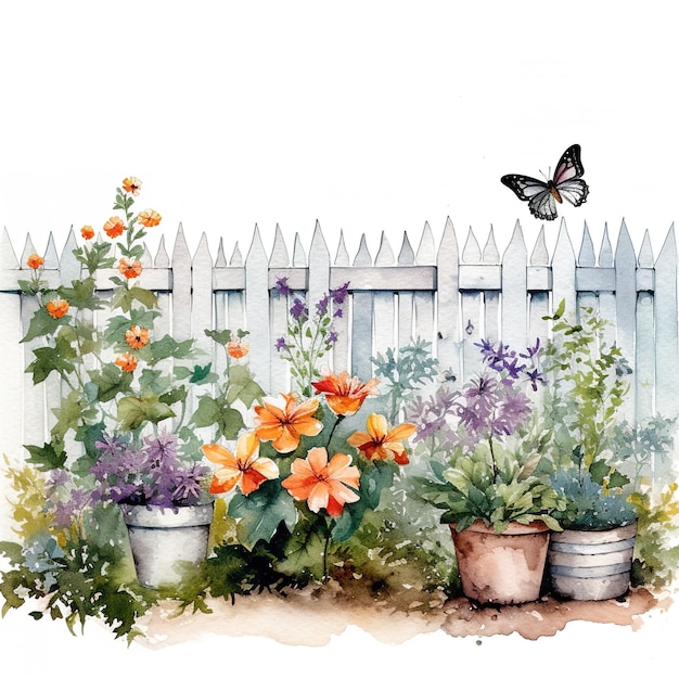 garden with fence watercolor illustration