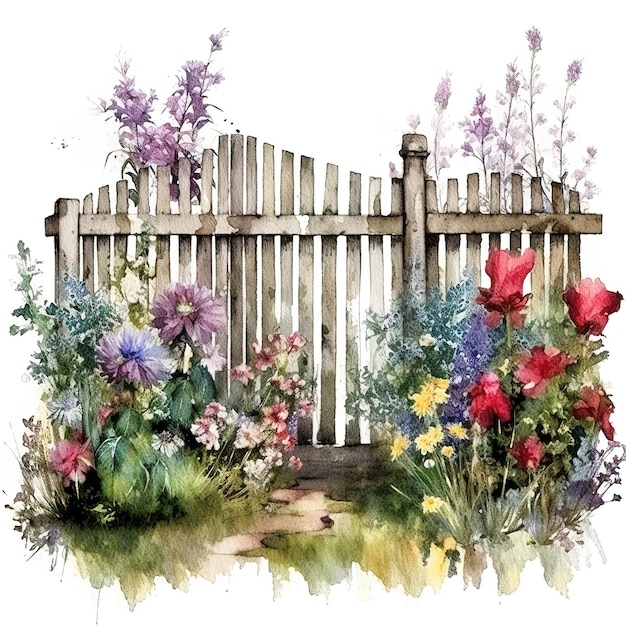 garden with fence watercolor illustration