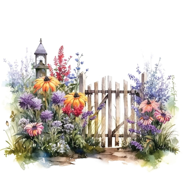 garden with fence watercolor illustration