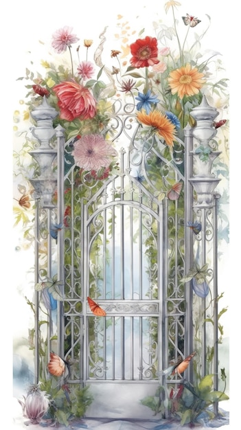 garden with fence watercolor illustration