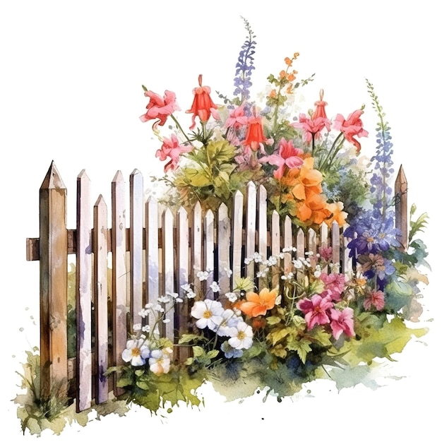 garden with fence watercolor illustration