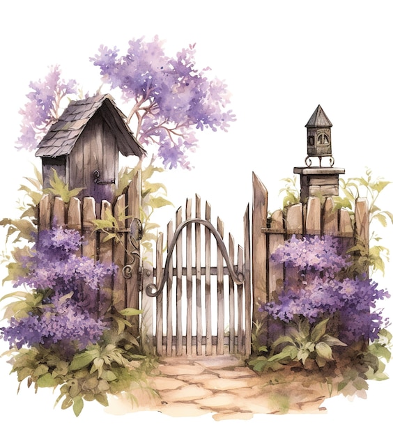 сад с забором акварельной иллюстрацией