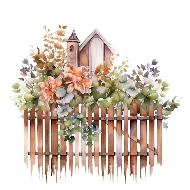 garden with fence watercolor illustration