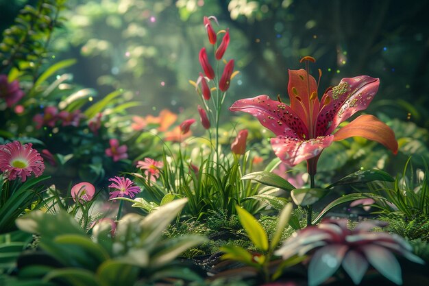 Photo a garden with flowers and a blurry background