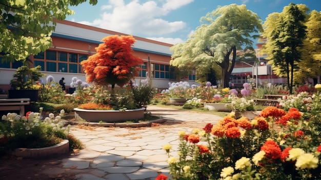Сад с цветами и здание на заднем плане