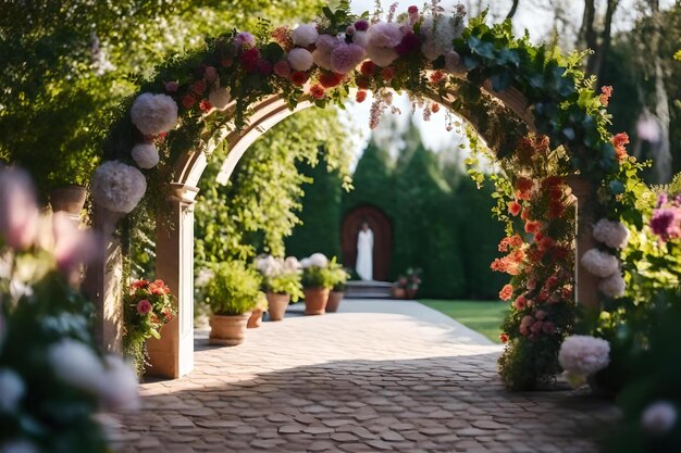 A garden with flowers and a door