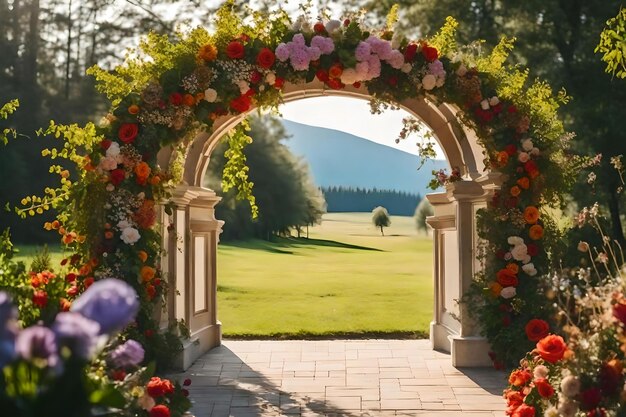 A garden with flowers and a gate