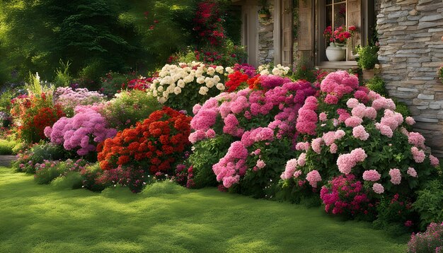 a garden with flowers and a house in the background