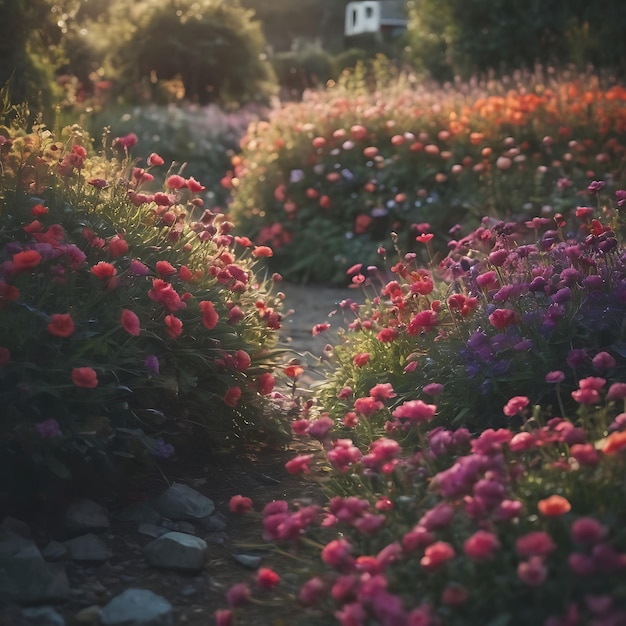 꽃 이 있는 정원 과 배경 에 있는 집