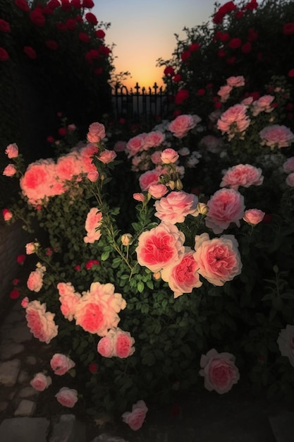 A garden with flowers and a lit up light