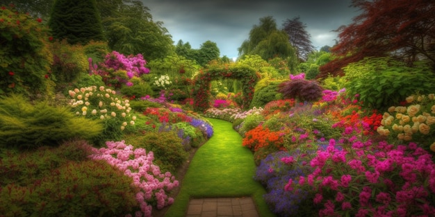 A garden with flowers and a path that has a pathway leading to it