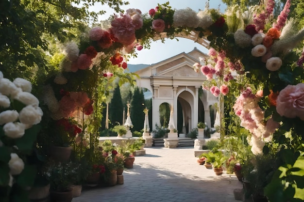 A garden with flowers and a pergola.