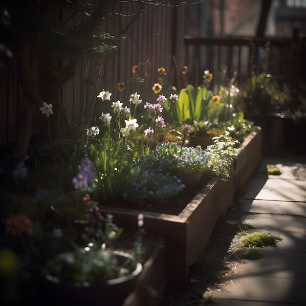 A garden with flowers and plants on it