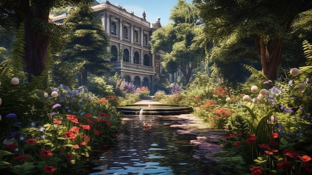 A garden with flowers and a pond in front of a building