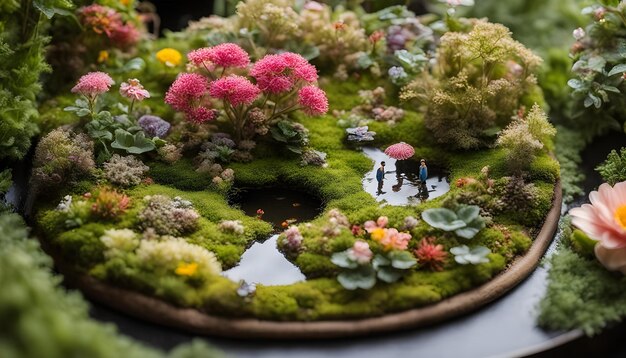 Photo a garden with flowers and a pond in the middle