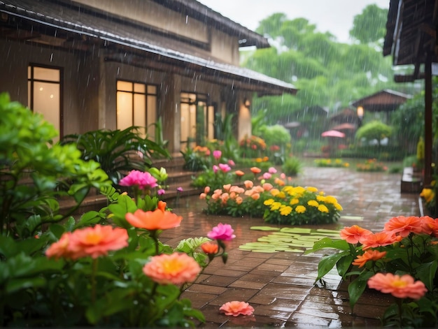 A garden with flowers and a rain shower in the background and a building