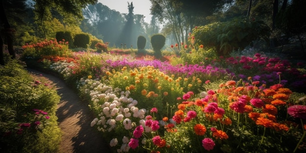 A garden with flowers and a sunbeam