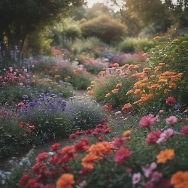 a garden with flowers and a view of the garden