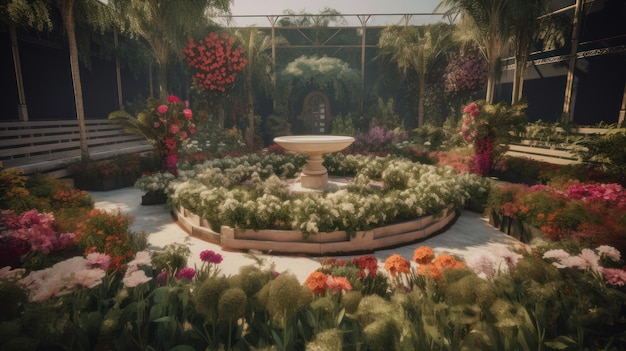 A garden with a fountain and flowers