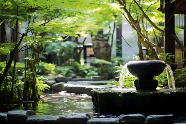 Photo garden with a fountain or flowing water symbolizing the renewal and rejuvenation that peace brings