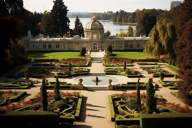 a garden with a fountain and a fountain in the middle