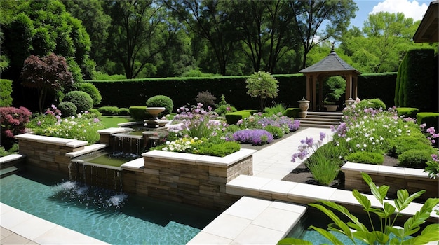 A garden with a fountain and a fountain