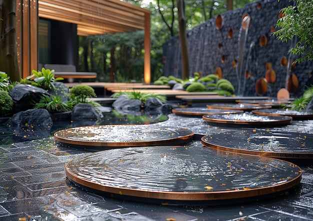 a garden with a fountain and a wall with a fountain in the background