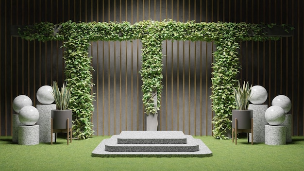 A garden with a green wall and a stone bench in front of it.