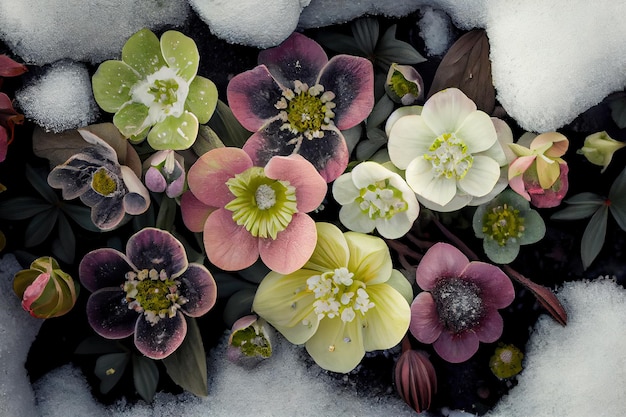 Garden with hellebores with snow Spring season