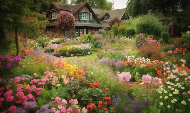 A garden with a house in the background