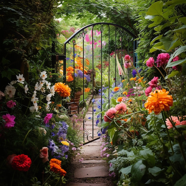 다채로운 꽃 으로 가득 찬 철문 이 있는 정원