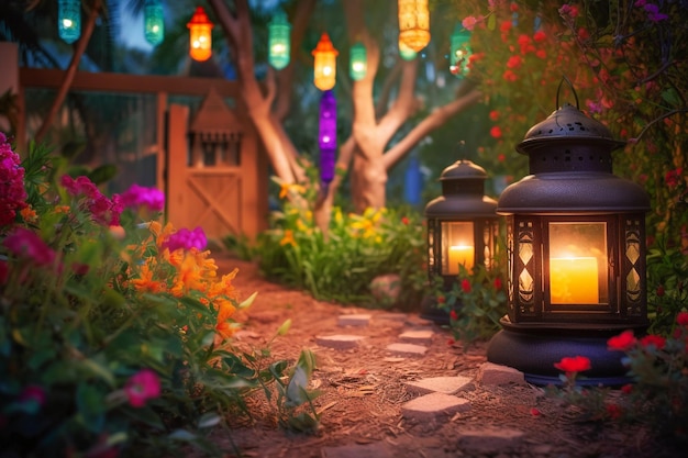 A garden with a lantern and flowers