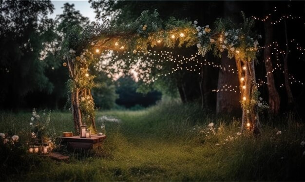 枝にライトが灯る庭