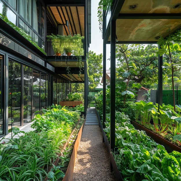 Photo a garden with many plants and a house in the background