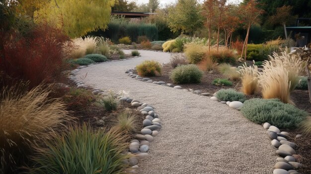 A garden with a mix of uniform wavy grasses and coloured gravel pathways AI generated