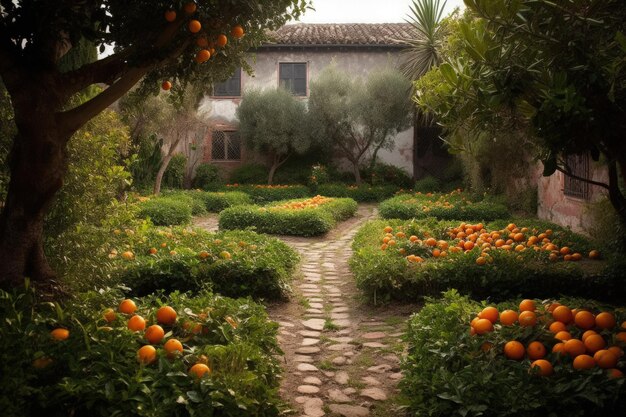 A garden with oranges and a house in the background Generative AI