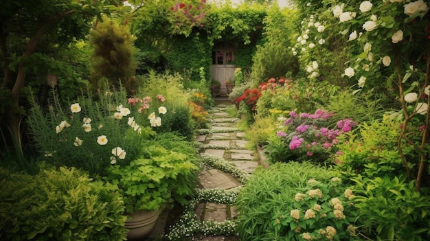 A garden with a path leading to a potted plant.