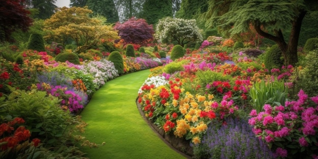 Photo a garden with a pathway that has flowers on it